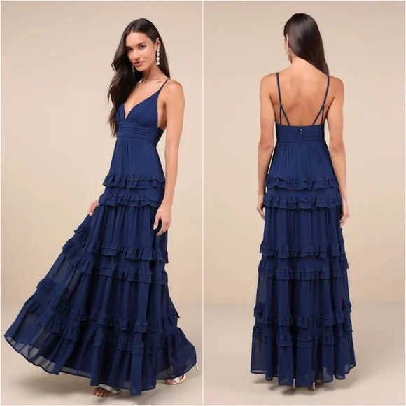 Lulus Lavish Perfection Ruffle Tiered Maxi Dress XS Navy Blue Chiffon Formal - Picture 1 of 11